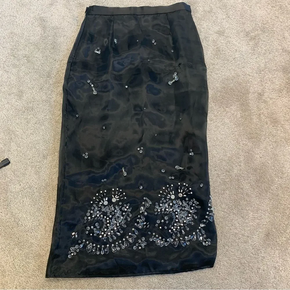 ZARA black Jewel trim satin midi skirt limited Edition Sz XS NWT
